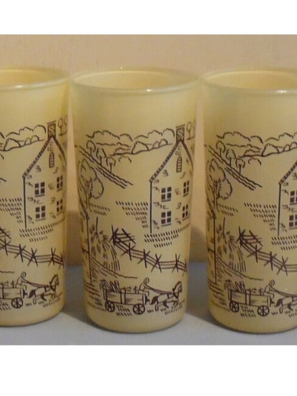 7 Hazel Atlas Highball Glasses Yellow Country Farm Life 12 oz
